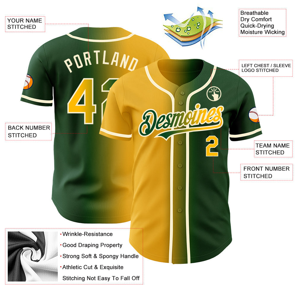 Custom Green Gold-Cream Authentic Gradient Fashion Baseball Jersey baseball jersey product view 3