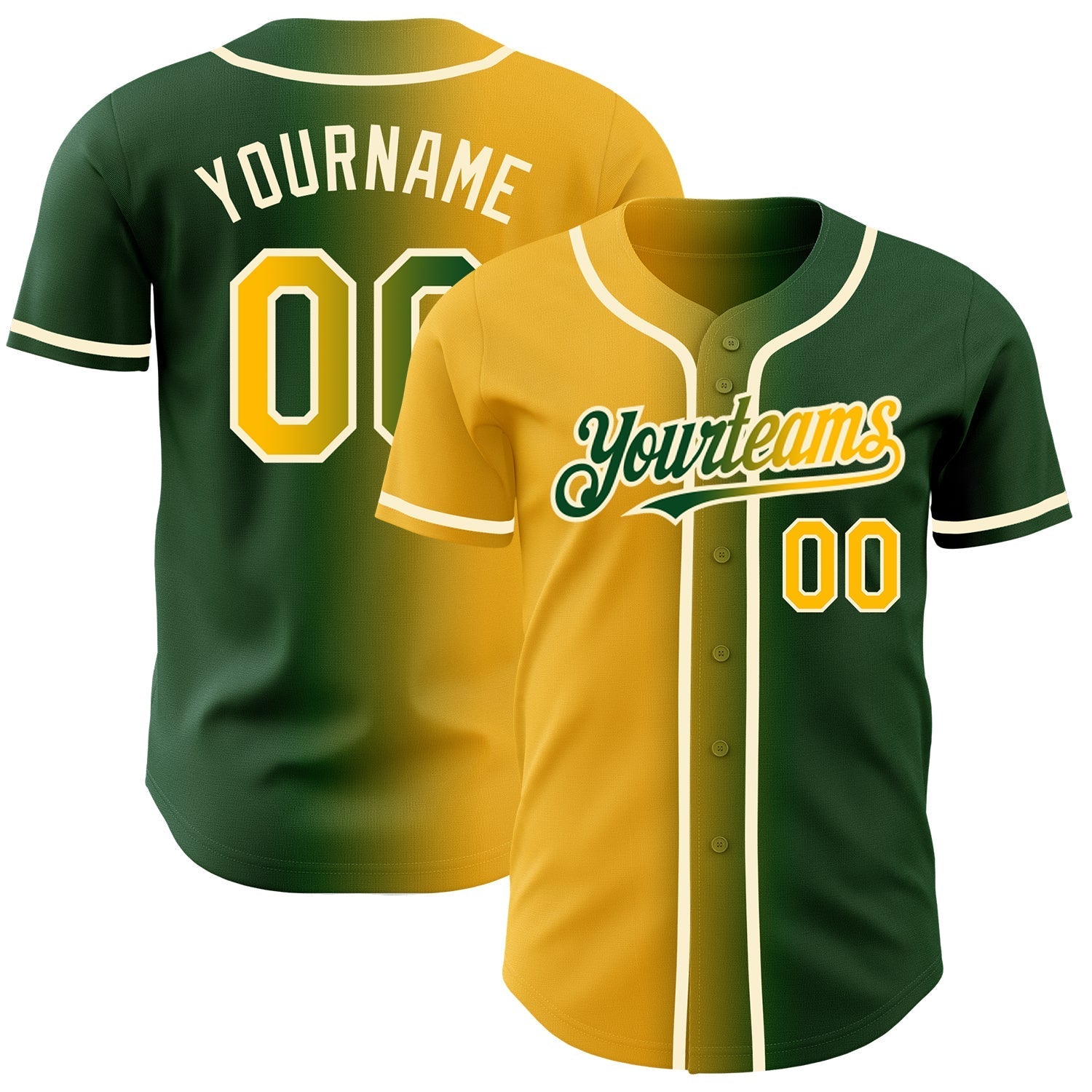 Custom Green Gold-Cream Authentic Gradient Fashion Baseball Jersey baseball jersey product view 1