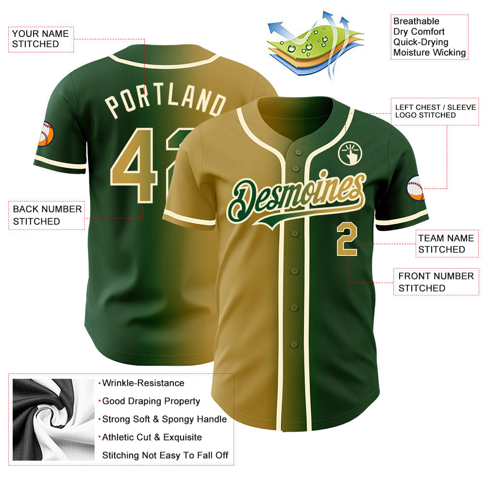 Custom Green Old Gold-Cream Authentic Gradient Fashion Baseball Jersey baseball jersey product view 3