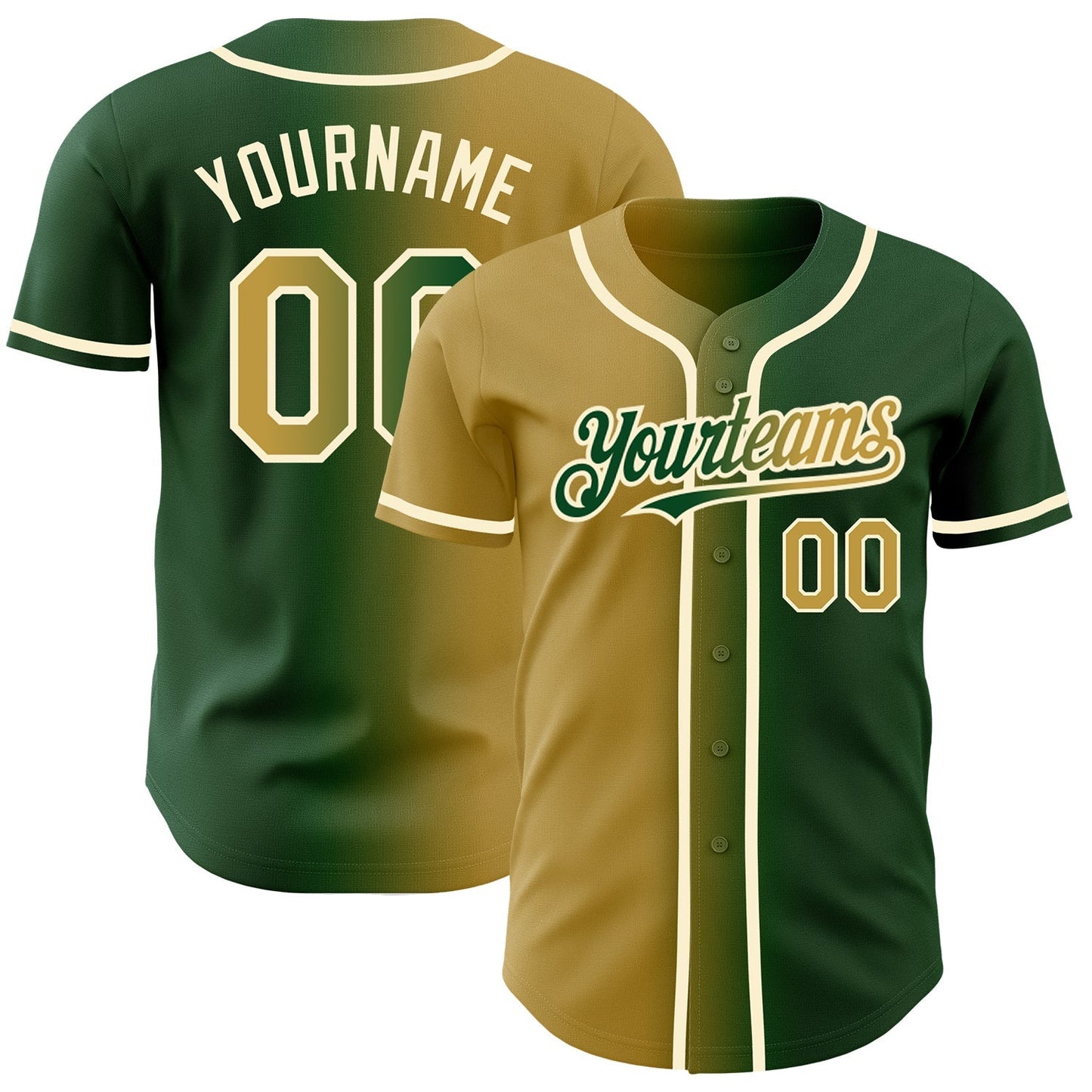 Custom Green Old Gold-Cream Authentic Gradient Fashion Baseball Jersey baseball jersey product view 1
