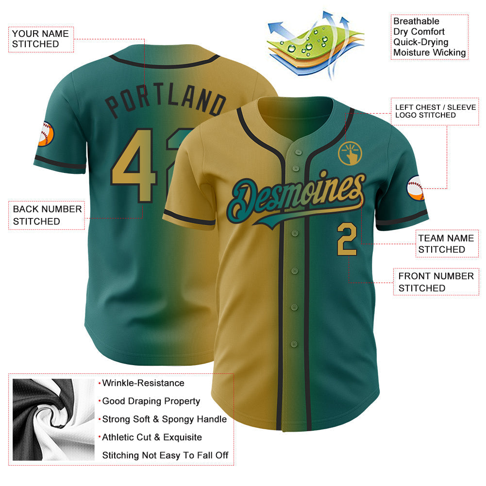 Custom Teal Old Gold-Black Authentic Gradient Fashion Baseball Jersey baseball jersey product view 3