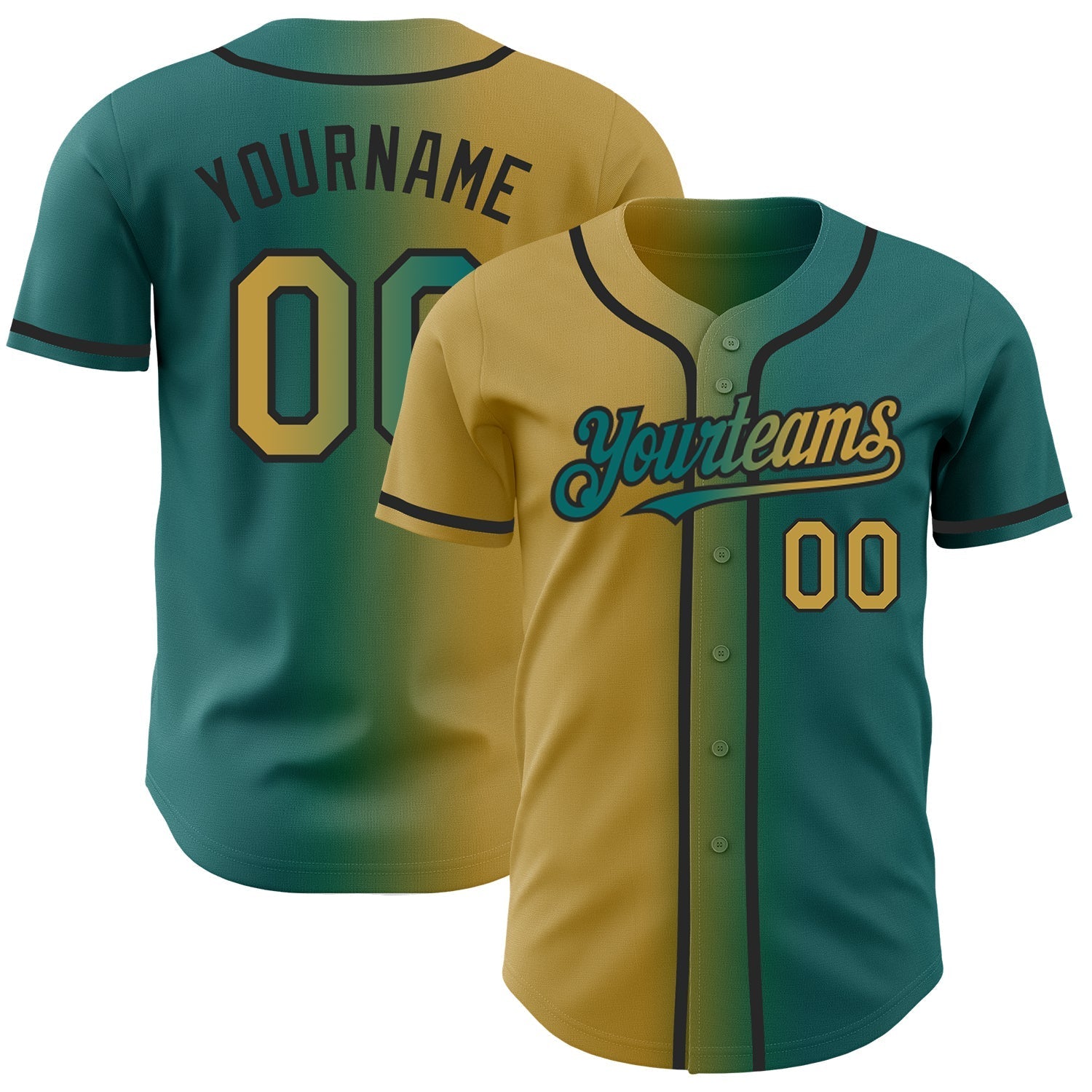 Custom Teal Old Gold-Black Authentic Gradient Fashion Baseball Jersey baseball jersey product view 1