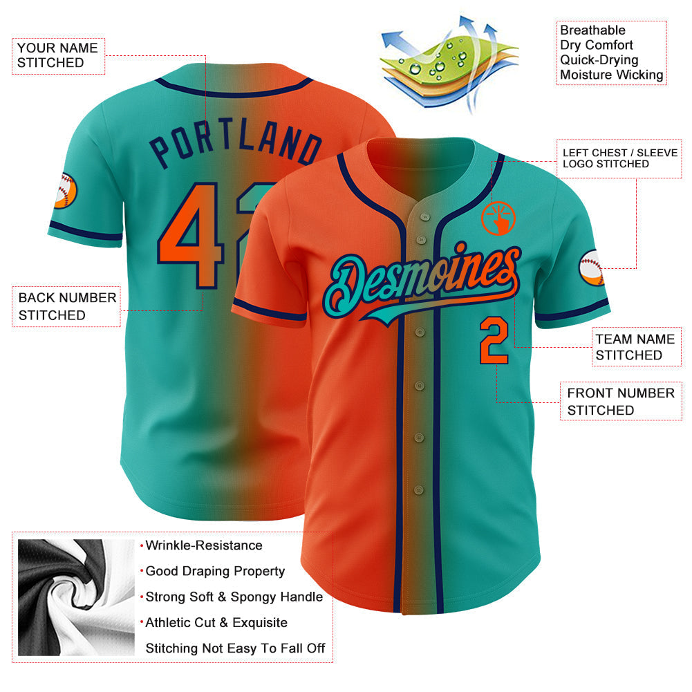 Custom Aqua Orange-Navy Authentic Gradient Fashion Baseball Jersey baseball jersey product view 3