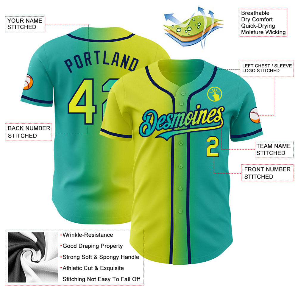 Custom Aqua Neon Yellow-Navy Authentic Gradient Fashion Baseball Jersey baseball jersey product view 3