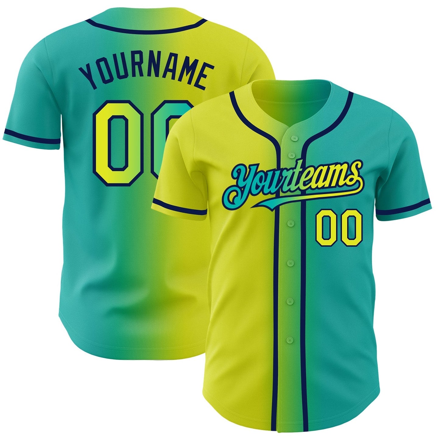 Custom Aqua Neon Yellow-Navy Authentic Gradient Fashion Baseball Jersey baseball jersey product view 1