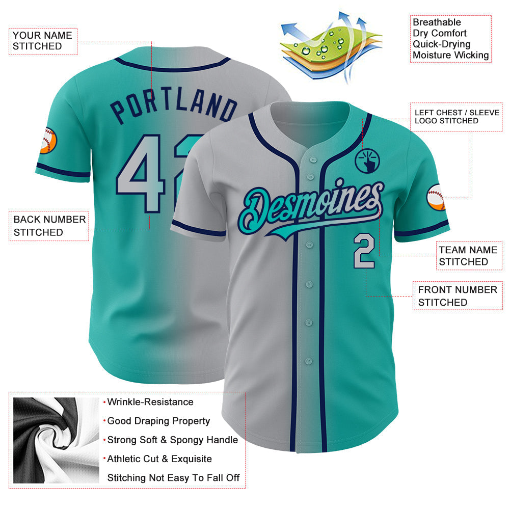 Custom Aqua Gray-Navy Authentic Gradient Fashion Baseball Jersey baseball jersey product view 3