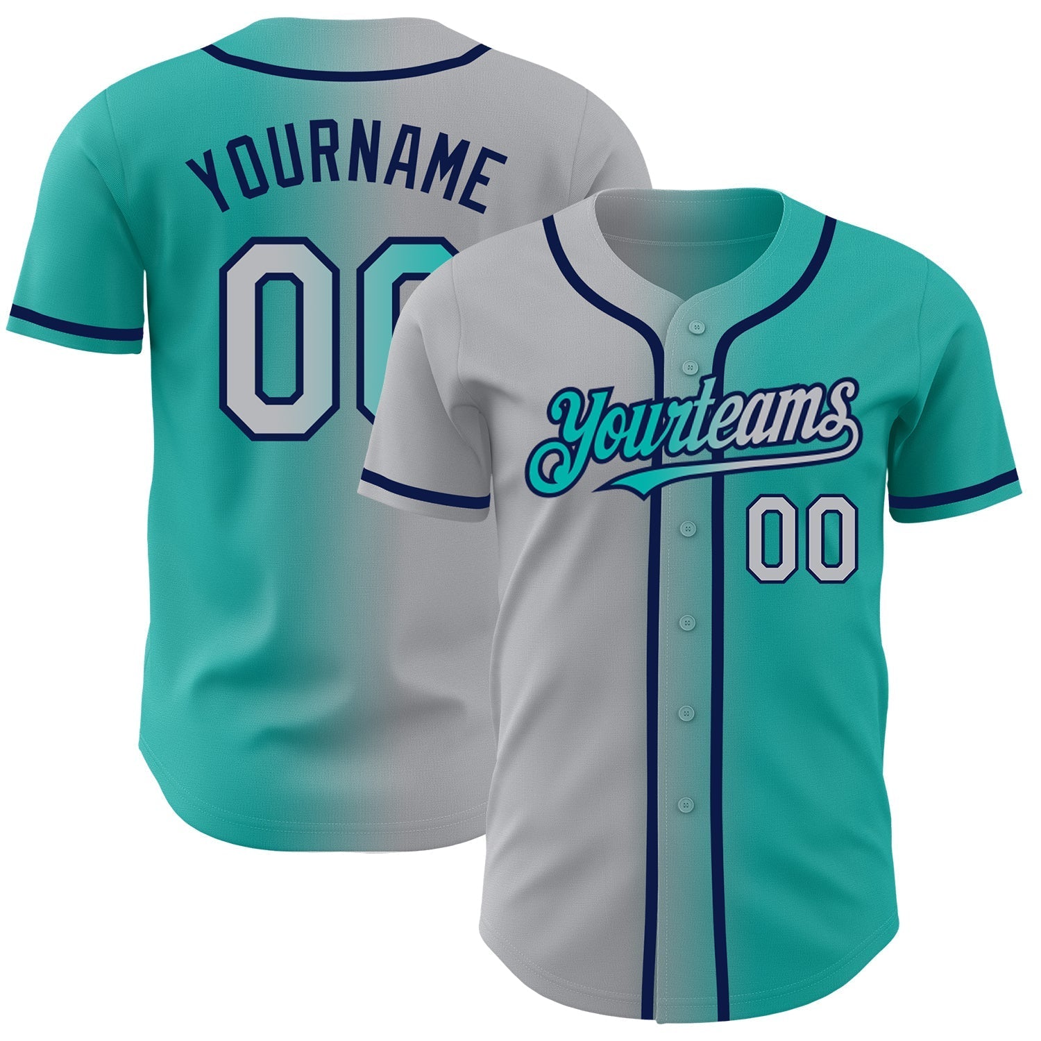 Custom Aqua Gray-Navy Authentic Gradient Fashion Baseball Jersey baseball jersey product view 1