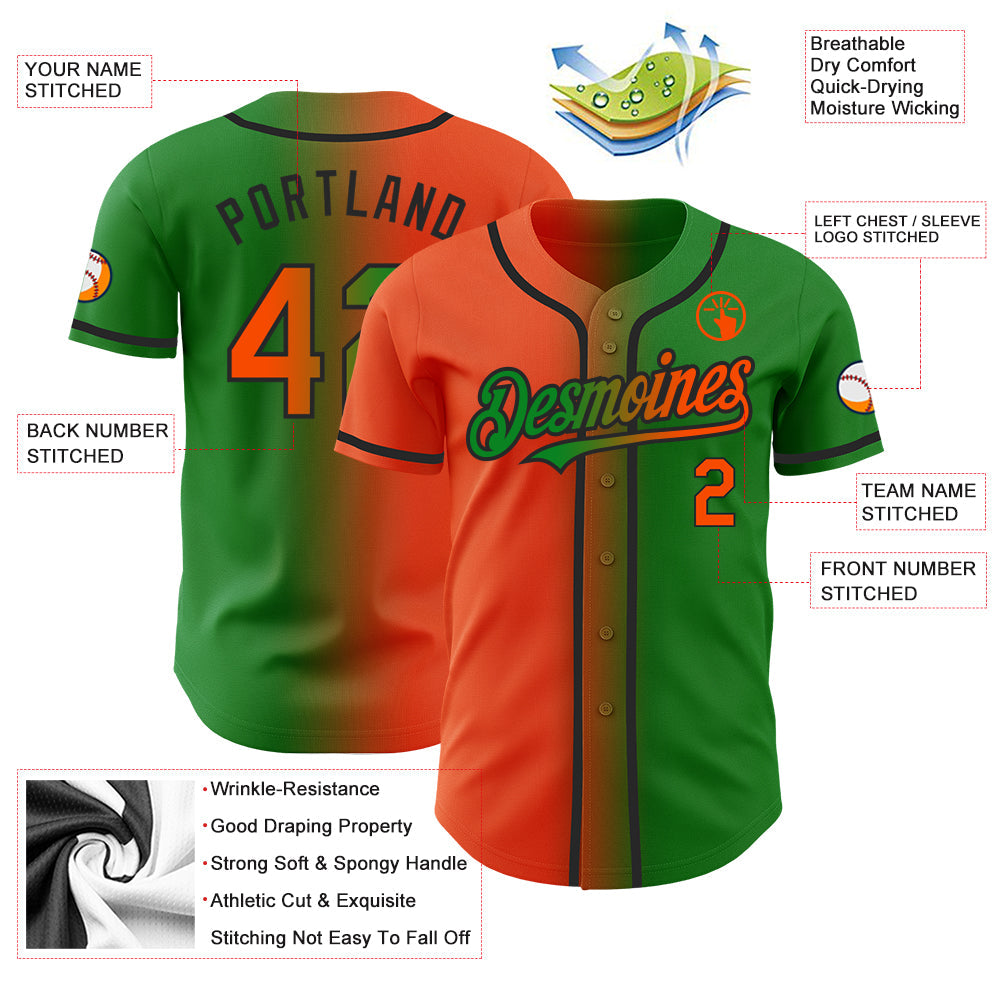 Custom Grass Green Orange-Black Authentic Gradient Fashion Baseball Jersey baseball jersey product view 4