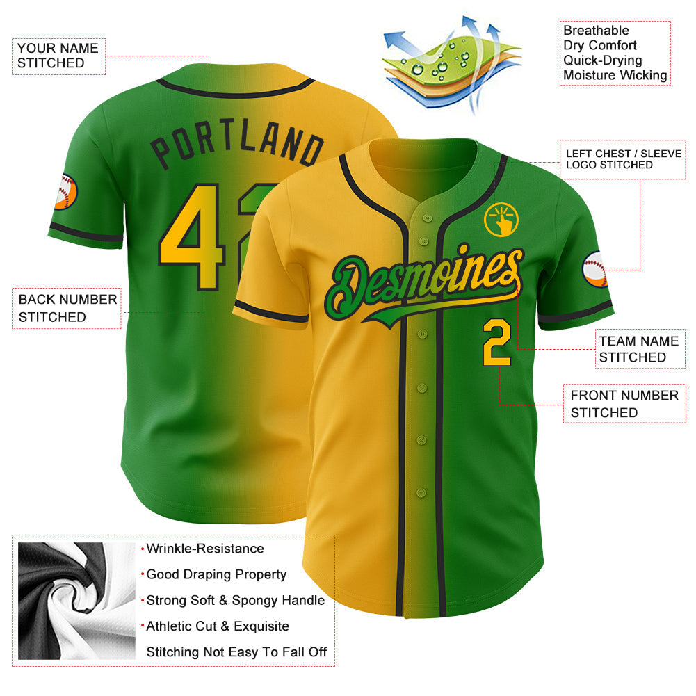 Custom Grass Green Gold-Black Authentic Gradient Fashion Baseball Jersey baseball jersey product view 3