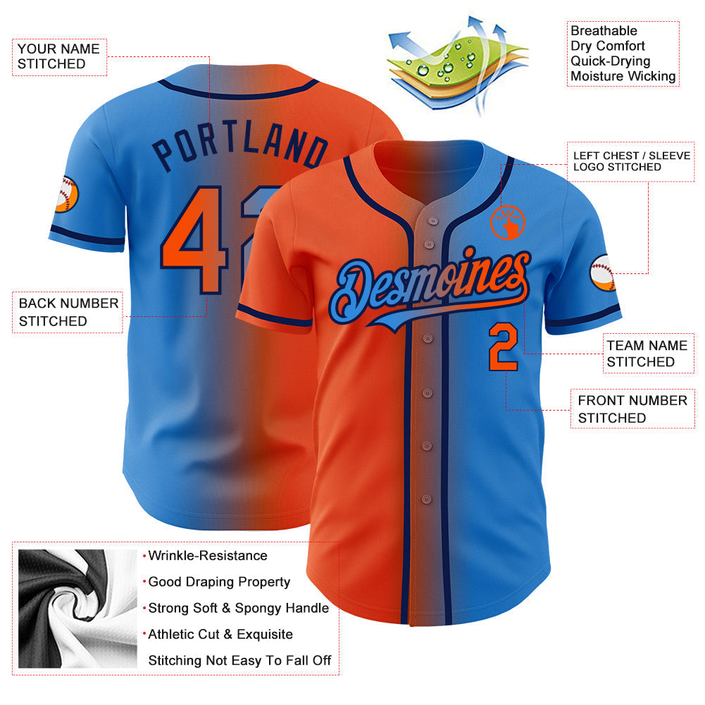 Custom Electric Blue Orange-Navy Authentic Gradient Fashion Baseball Jersey baseball jersey product view 4