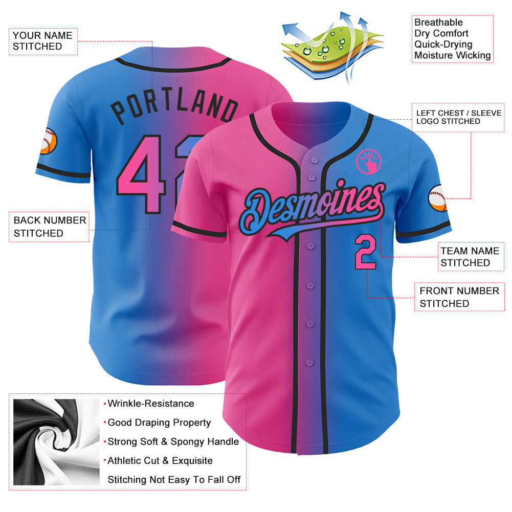 Custom Electric Blue Pink-Black Authentic Gradient Fashion Baseball Jersey baseball jersey product view 3