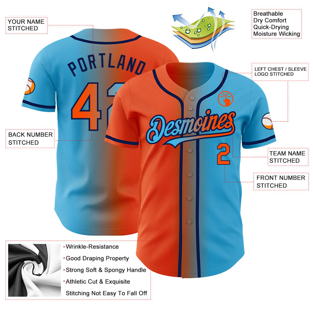 Custom Sky Blue Orange-Navy Authentic Gradient Fashion Baseball Jersey baseball jersey product view 3