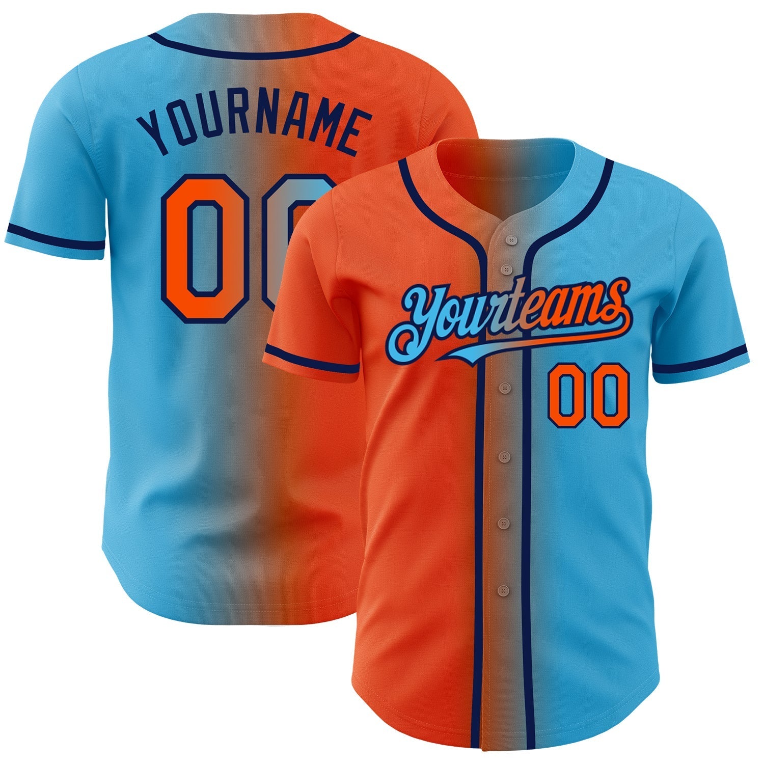 Custom Sky Blue Orange-Navy Authentic Gradient Fashion Baseball Jersey baseball jersey product view 1