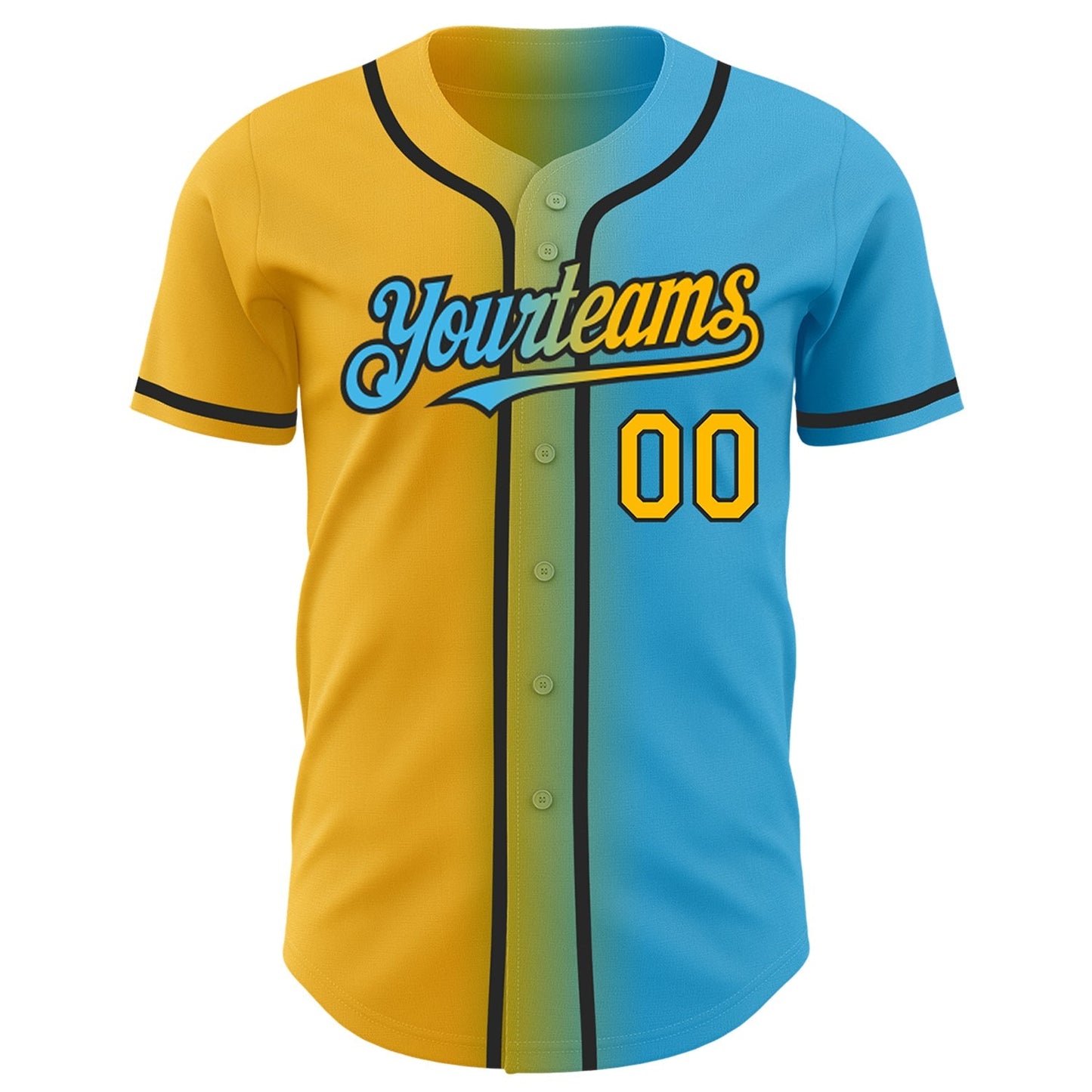 Custom Sky Blue Gold-Black Authentic Gradient Fashion Baseball Jersey baseball jersey product view 2