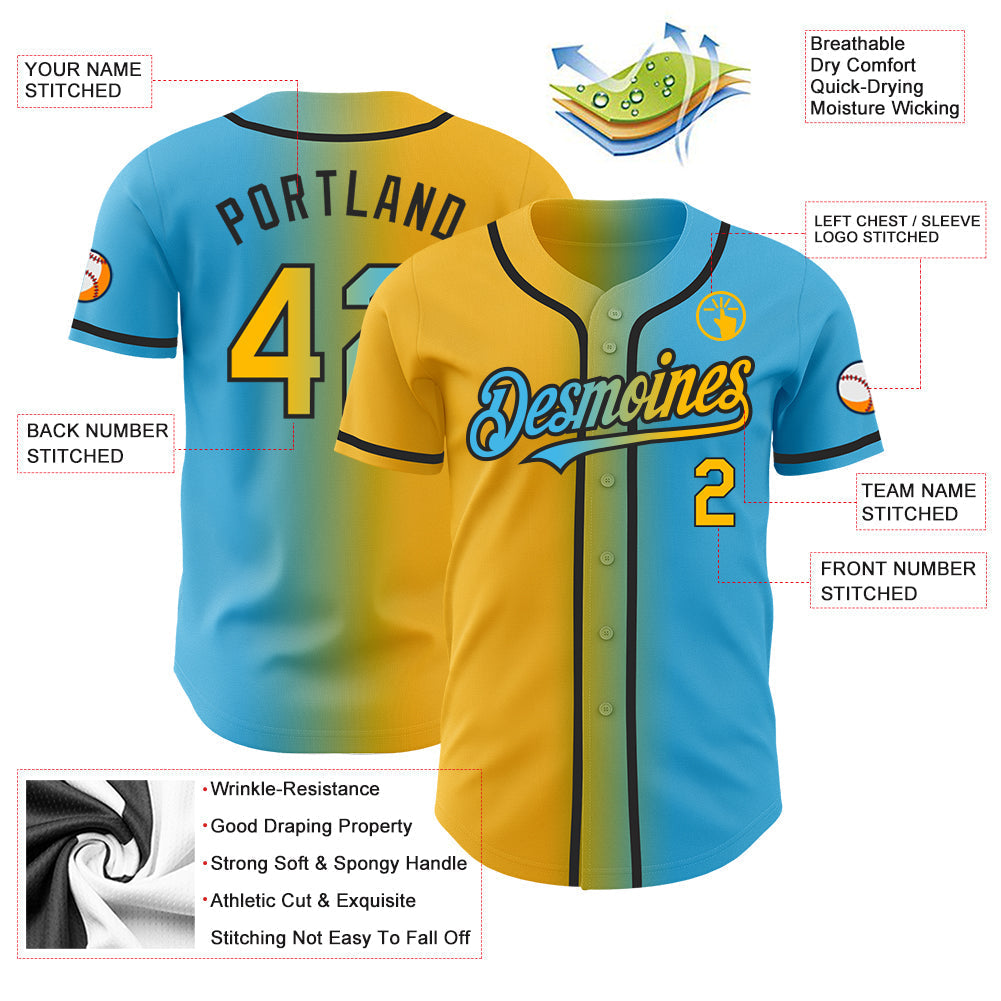 Custom Sky Blue Gold-Black Authentic Gradient Fashion Baseball Jersey baseball jersey product view 3
