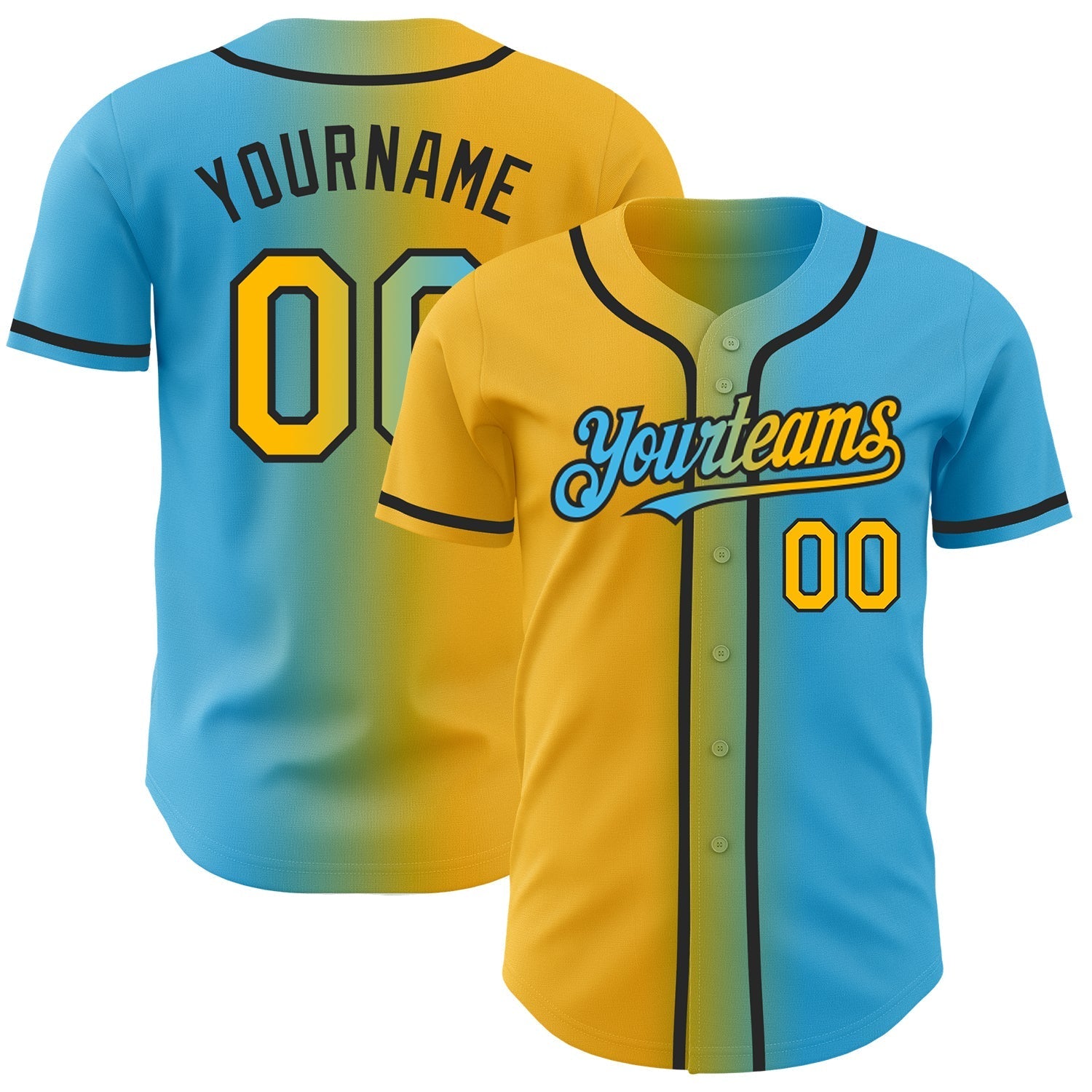 Custom Sky Blue Gold-Black Authentic Gradient Fashion Baseball Jersey baseball jersey product view 1