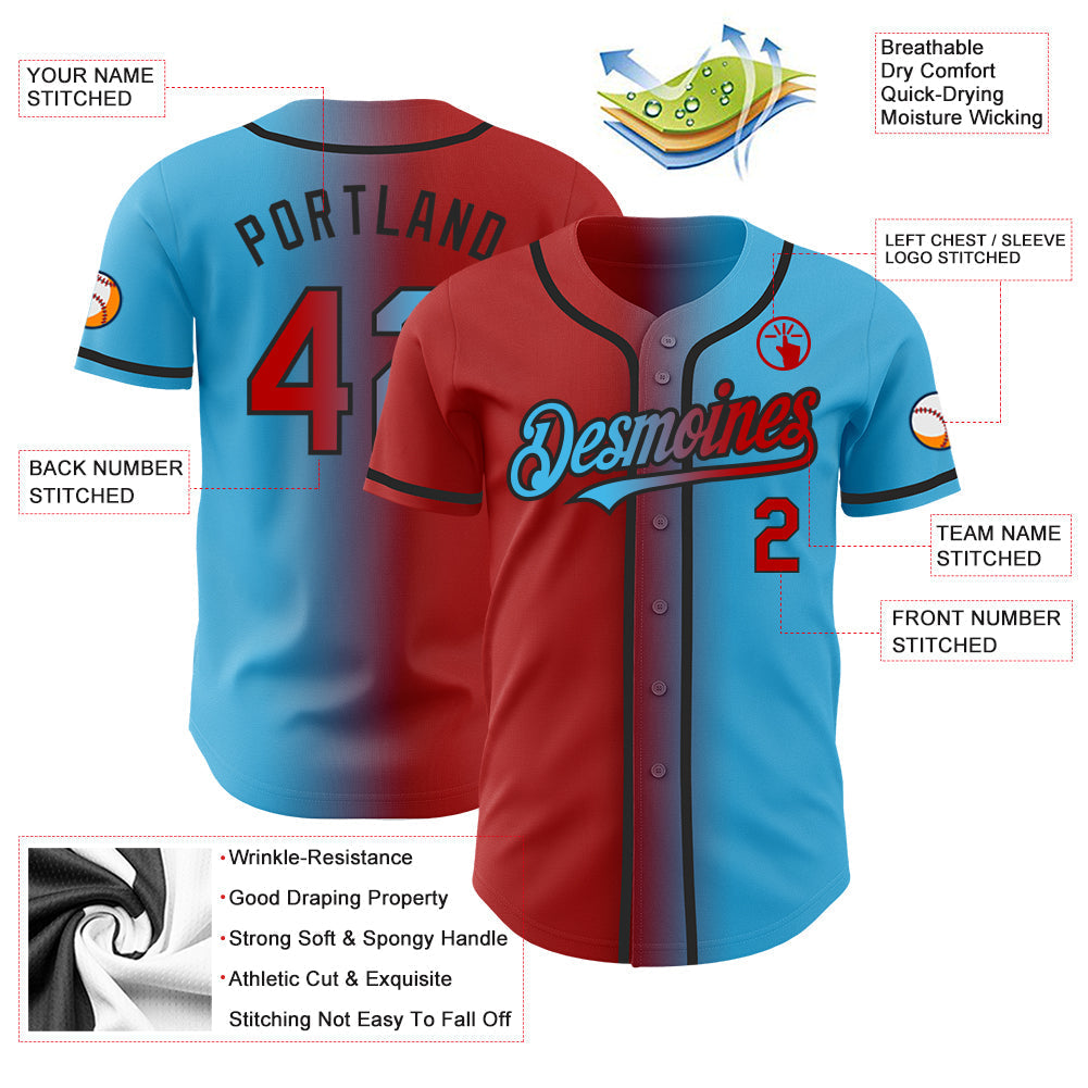 Custom Sky Blue Red-Black Authentic Gradient Fashion Baseball Jersey baseball jersey product view 3
