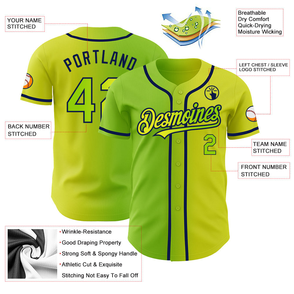Custom Neon Yellow Neon Green-Navy Authentic Gradient Fashion Baseball Jersey baseball jersey product view 3