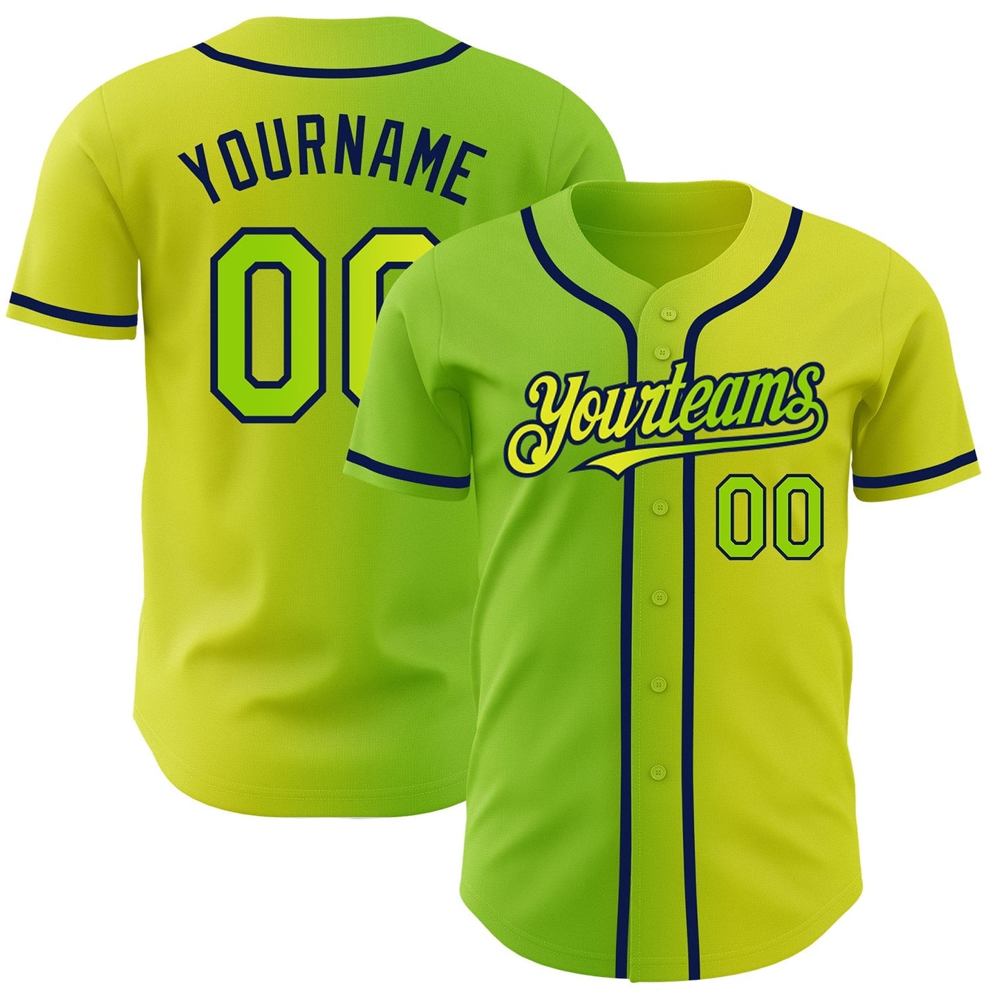 Custom Neon Yellow Neon Green-Navy Authentic Gradient Fashion Baseball Jersey baseball jersey product view 1