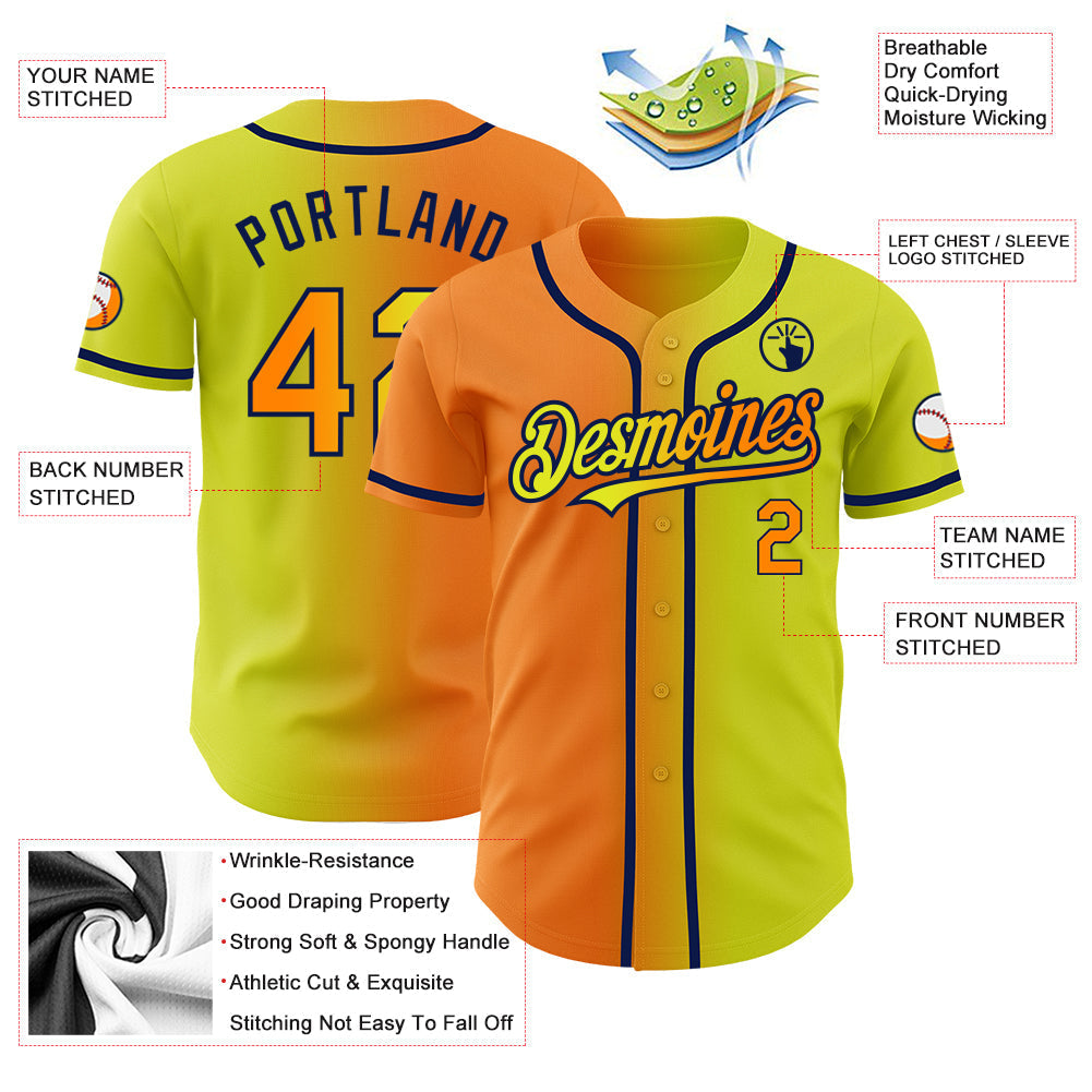 Custom Neon Yellow Bay Orange-Navy Authentic Gradient Fashion Baseball Jersey baseball jersey product view 3