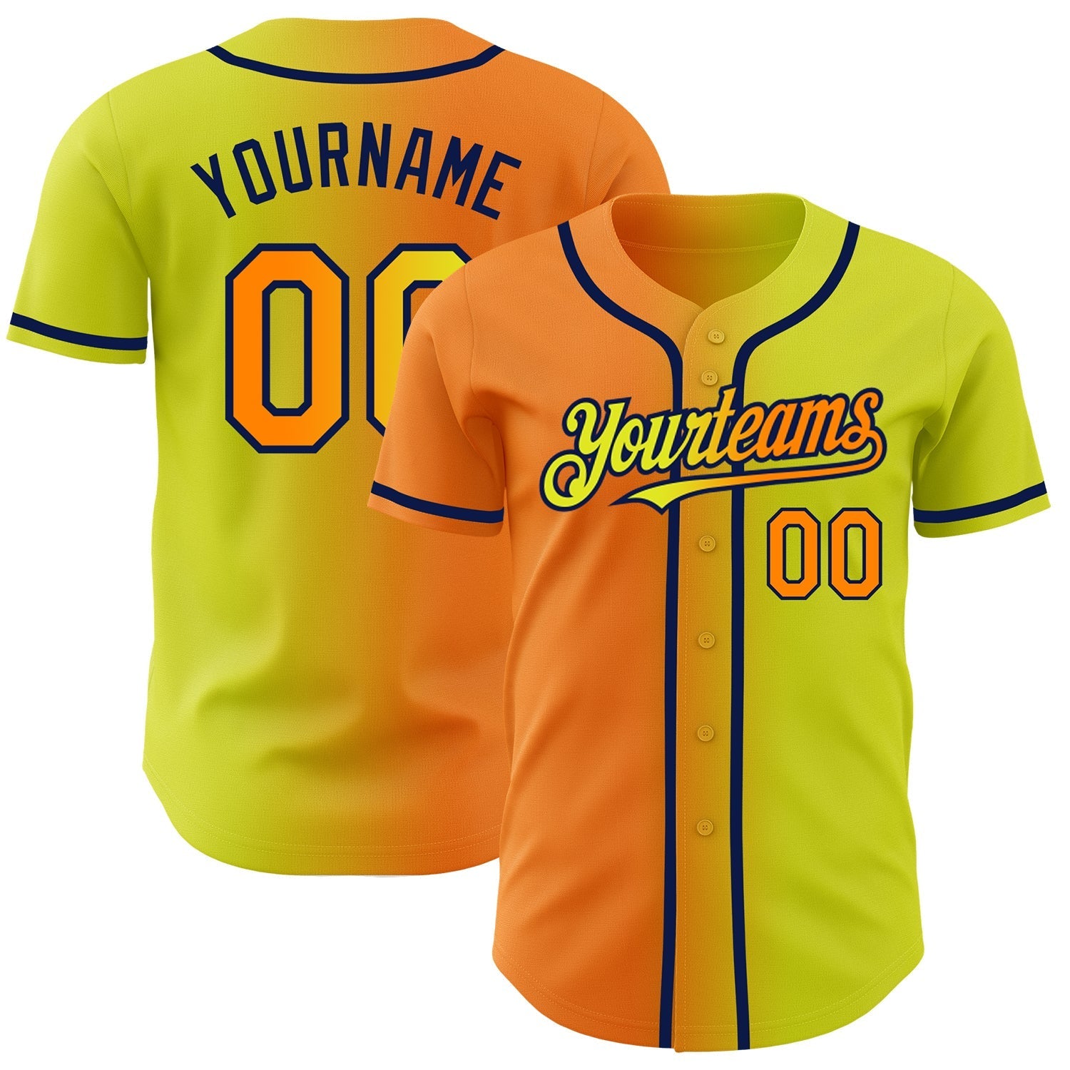 Custom Neon Yellow Bay Orange-Navy Authentic Gradient Fashion Baseball Jersey baseball jersey product view 1