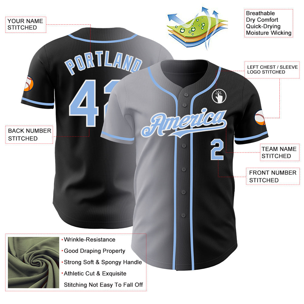 Custom Black Light Blue Gray-White Authentic Gradient Fashion Baseball Jersey baseball jersey product view 3