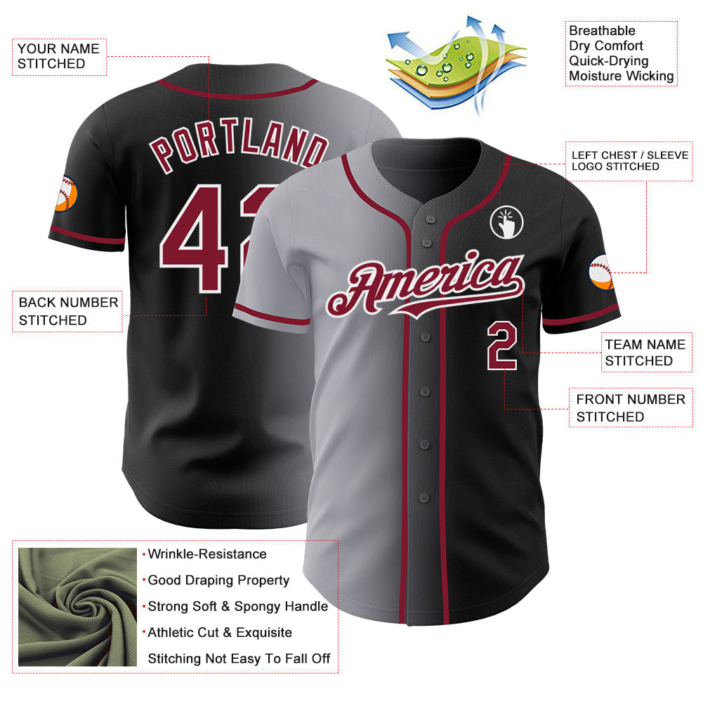 Custom Black Crimson Gray-White Authentic Gradient Fashion Baseball Jersey baseball jersey product view 3