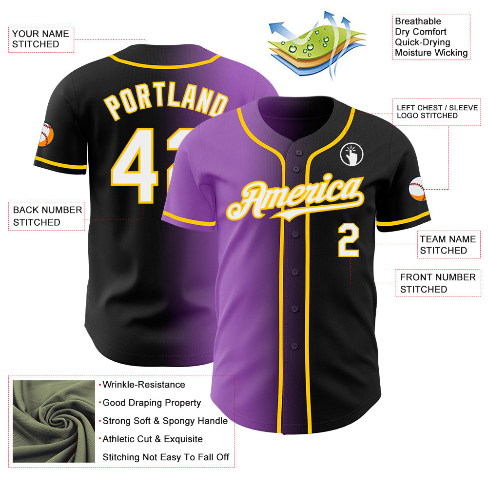 Custom Black White Medium Purple-Yellow Authentic Gradient Fashion Baseball Jersey baseball jersey product view 3