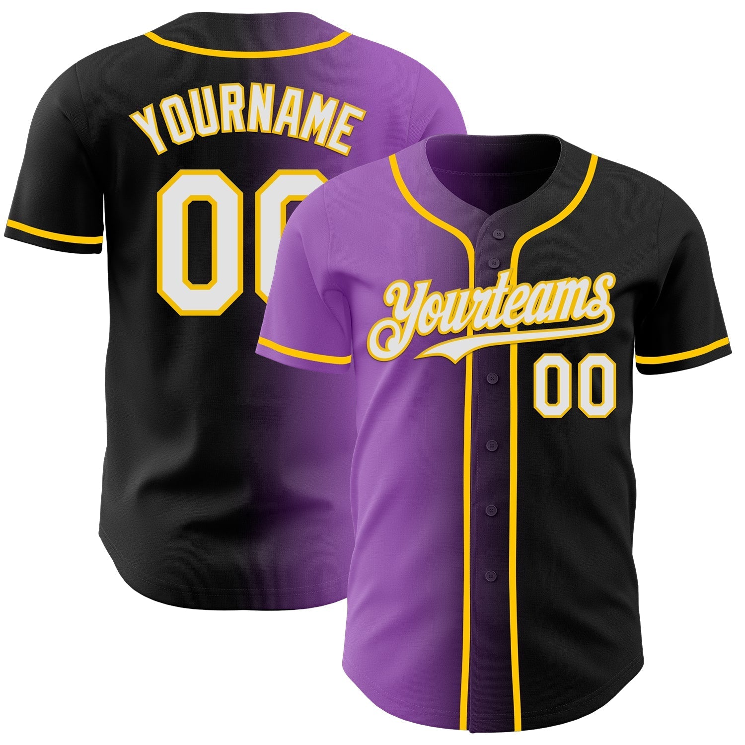 Custom Black White Medium Purple-Yellow Authentic Gradient Fashion Baseball Jersey baseball jersey product view 1