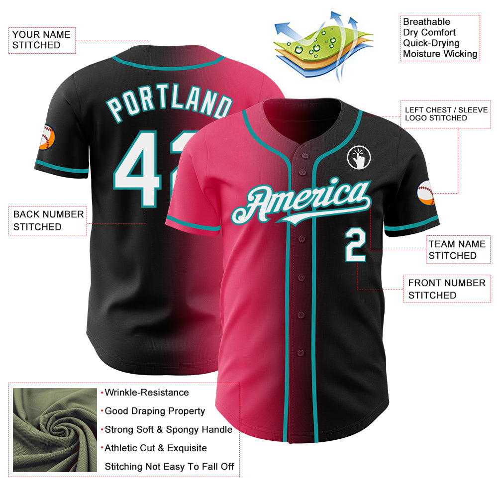 Custom Black White Neon Pink-Teal Authentic Gradient Fashion Baseball Jersey baseball jersey product view 3