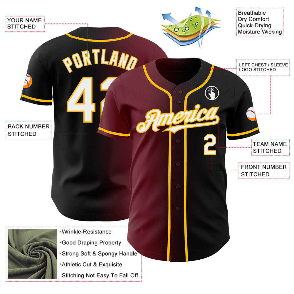 Custom Black White Burgundy-Gold Authentic Gradient Fashion Baseball Jersey baseball jersey product view 3