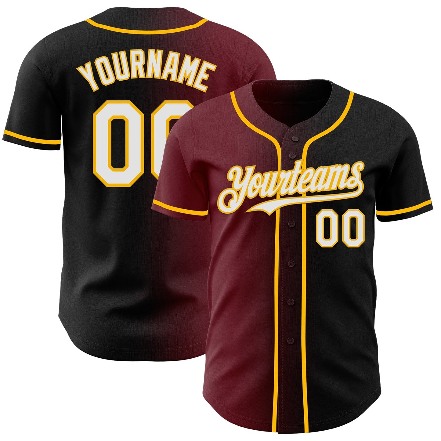 Custom Black White Burgundy-Gold Authentic Gradient Fashion Baseball Jersey baseball jersey product view 1