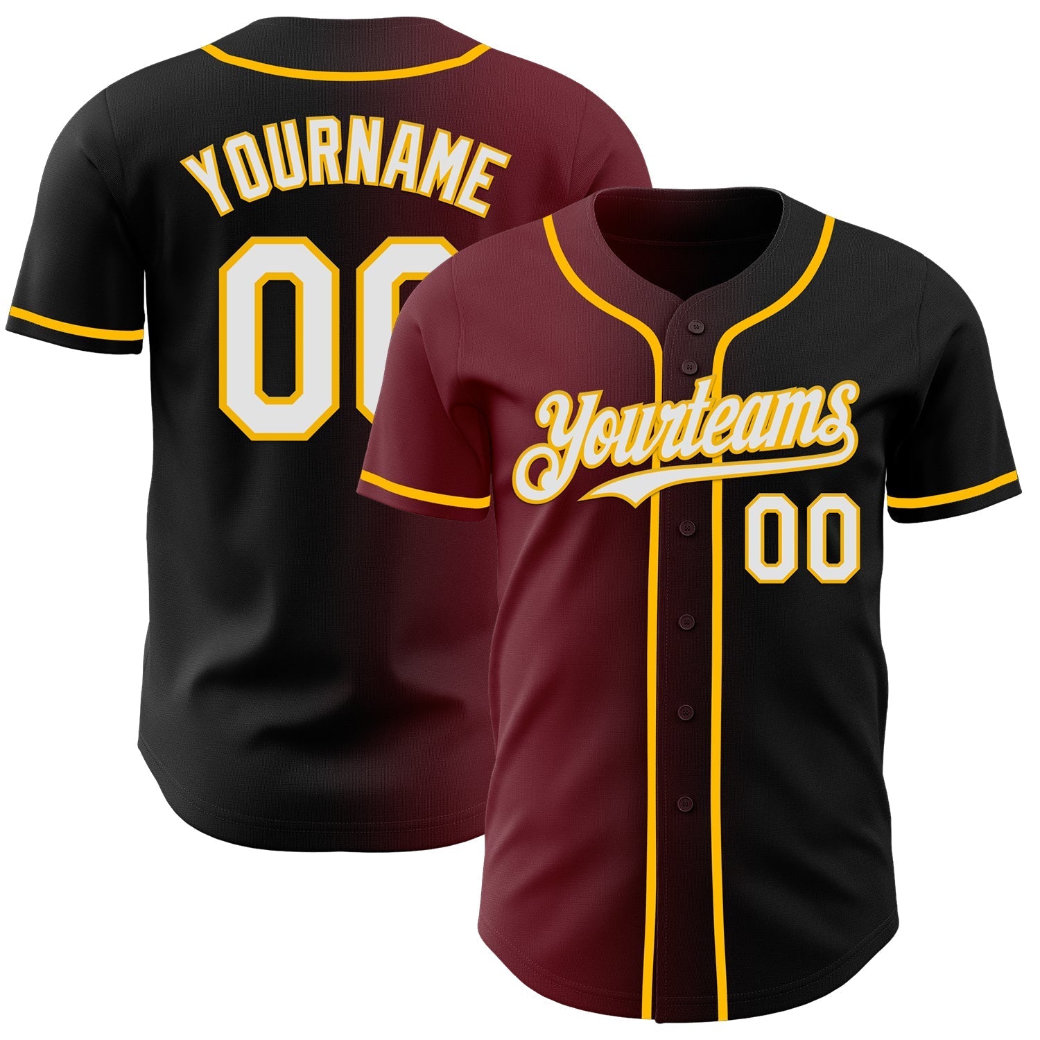 Custom Black White Burgundy-Gold Authentic Gradient Fashion Baseball Jersey baseball jersey product view 1