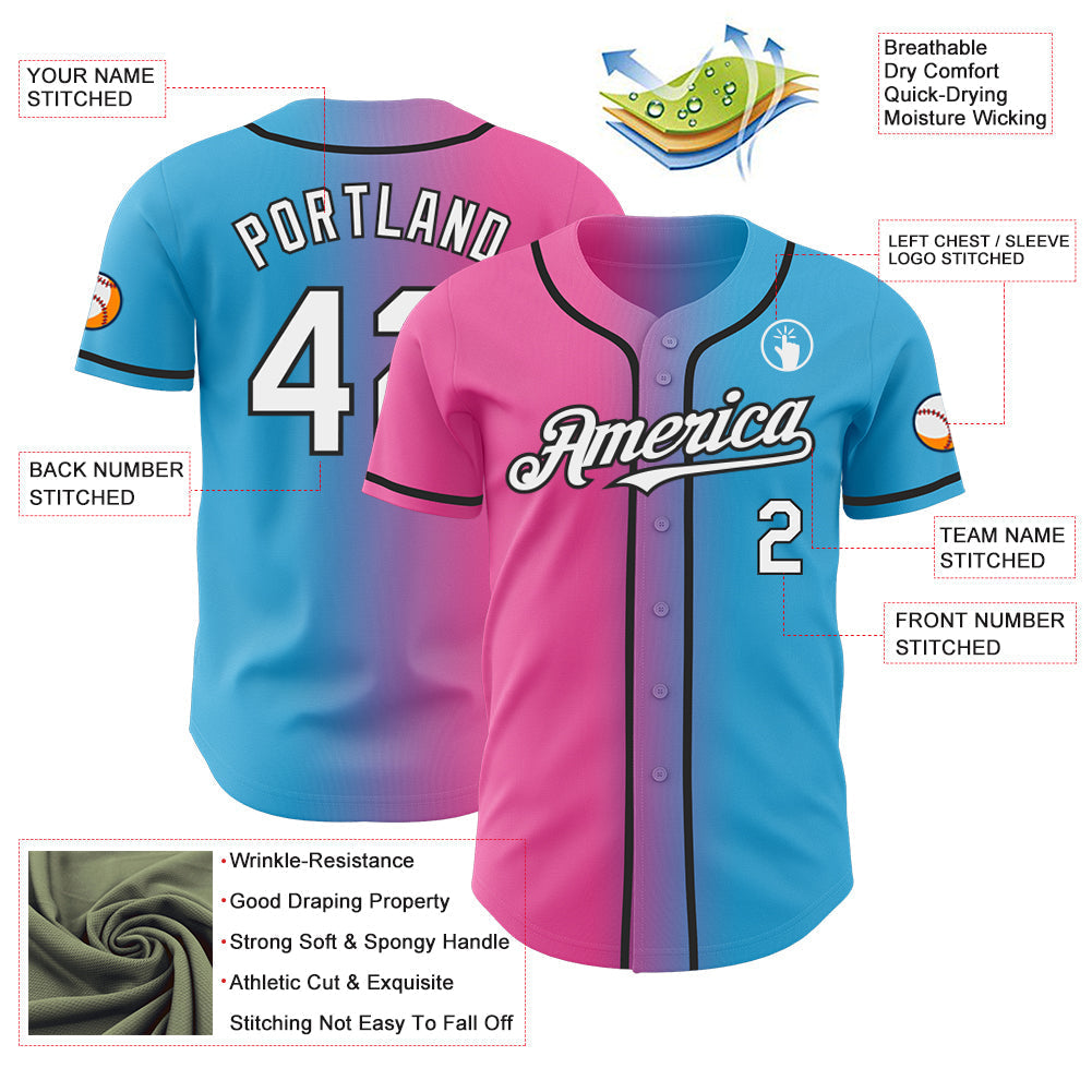 Custom Sky Blue White Pink-Black Authentic Gradient Fashion Baseball Jersey baseball jersey product view 3