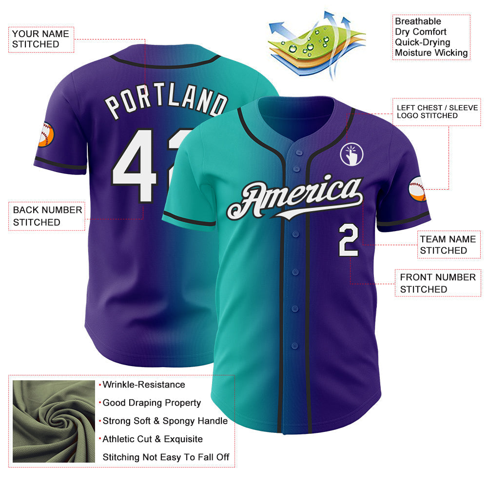 Custom Purple White Aqua-Black Authentic Gradient Fashion Baseball Jersey baseball jersey product view 3