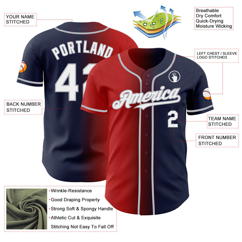 Custom Navy White Red-Gray Authentic Gradient Fashion Baseball Jersey baseball jersey product view 3