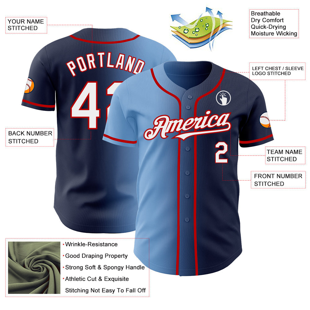 Custom Navy White Light Blue-Red Authentic Gradient Fashion Baseball Jersey baseball jersey product view 3