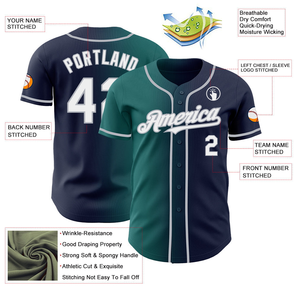 Custom Navy White Teal-Gray Authentic Gradient Fashion Baseball Jersey baseball jersey product view 3