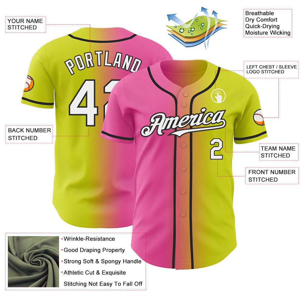Custom Neon Yellow White Pink-Black Authentic Gradient Fashion Baseball Jersey baseball jersey product view 3