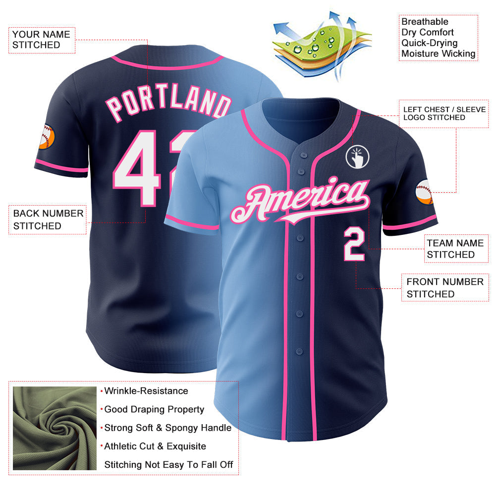 Custom Navy White Light Blue-Pink Authentic Gradient Fashion Baseball Jersey baseball jersey product view 3
