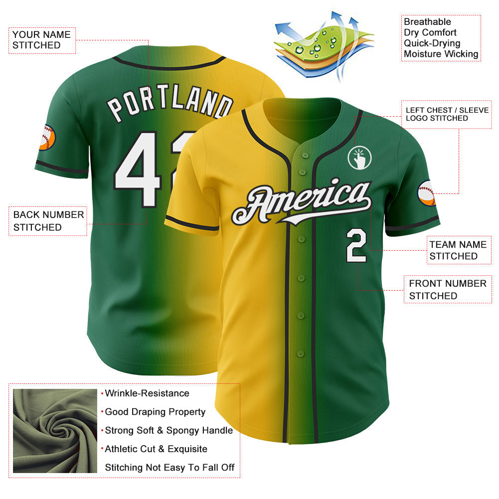 Custom Kelly Green White Yellow-Black Authentic Gradient Fashion Baseball Jersey baseball jersey product view 3
