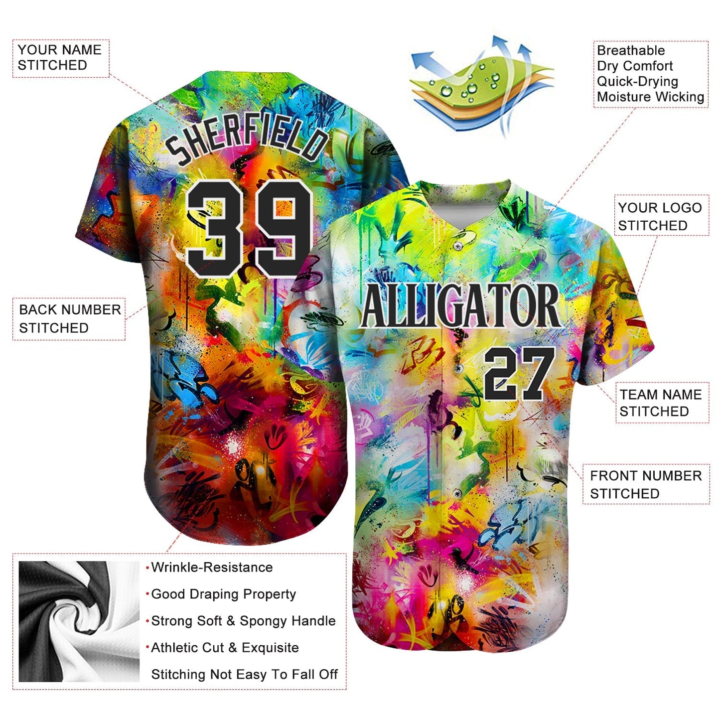 Custom Scratch Graffiti Pattern Black-White 3D Authentic Baseball Jersey baseball jersey product view 2