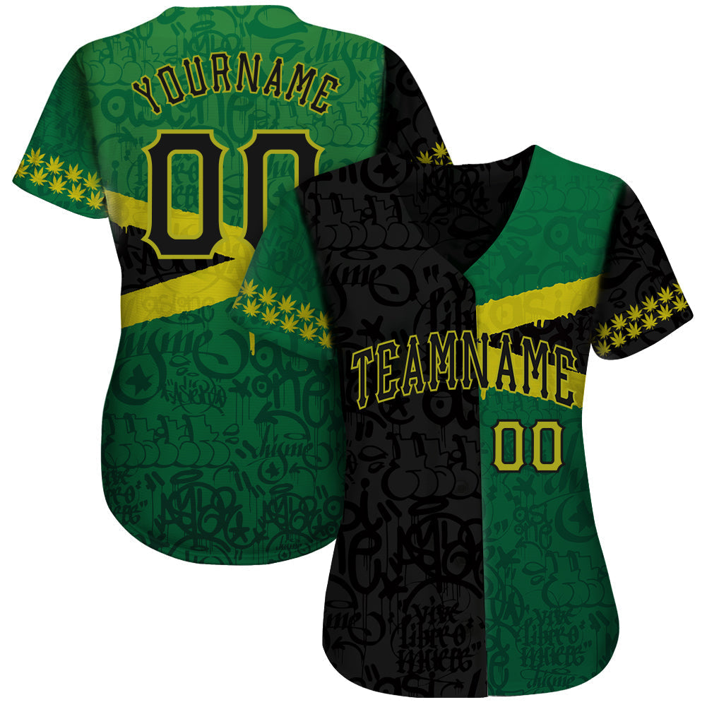 Custom Graffiti Pattern Black-Green 3D Jamaica Authentic Baseball Jersey baseball jersey product view 2