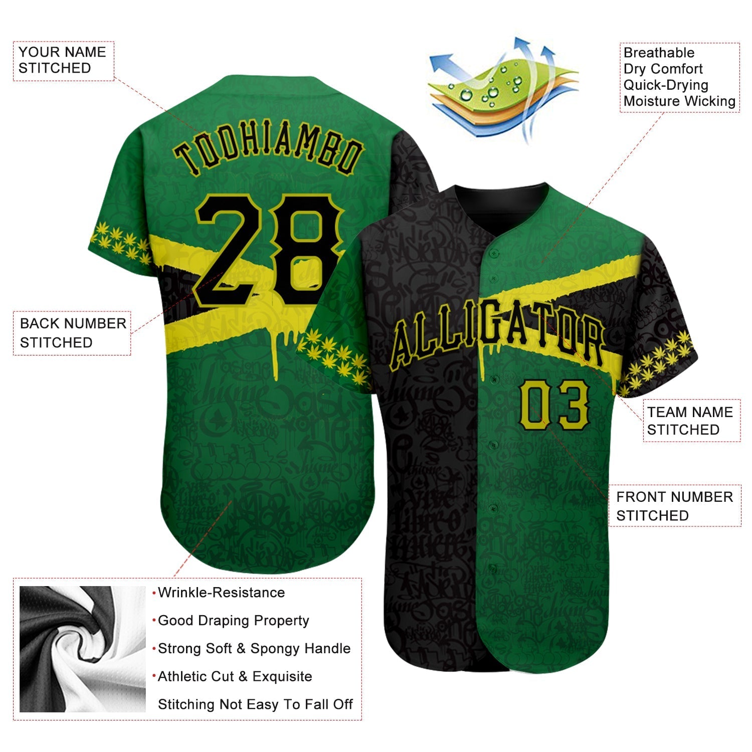 Custom Graffiti Pattern Black-Green 3D Jamaica Authentic Baseball Jersey baseball jersey product view 3