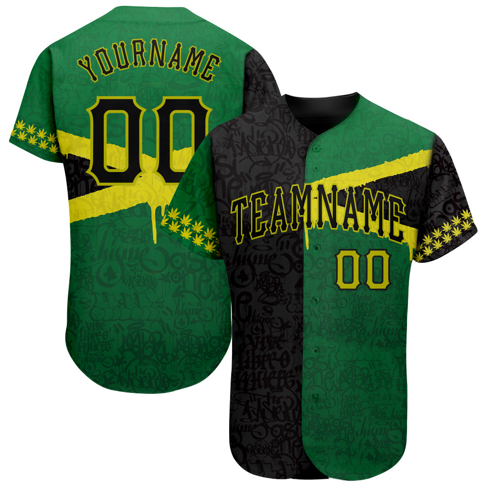 Custom Graffiti Pattern Black-Green 3D Jamaica Authentic Baseball Jersey baseball jersey product view 1