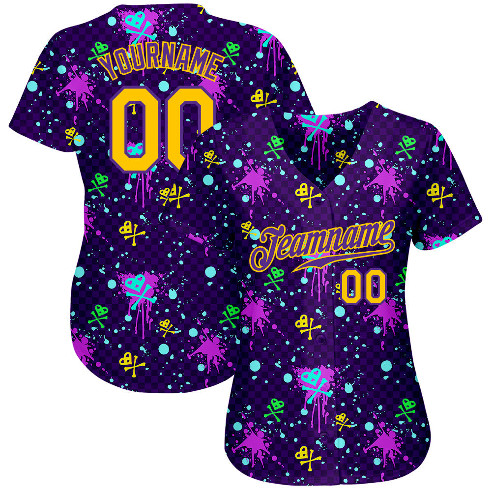 Custom Graffiti Pattern Gold-Purple 3D Clashing Colors Paint-Splatter Authentic Baseball Jersey baseball jersey product view 2