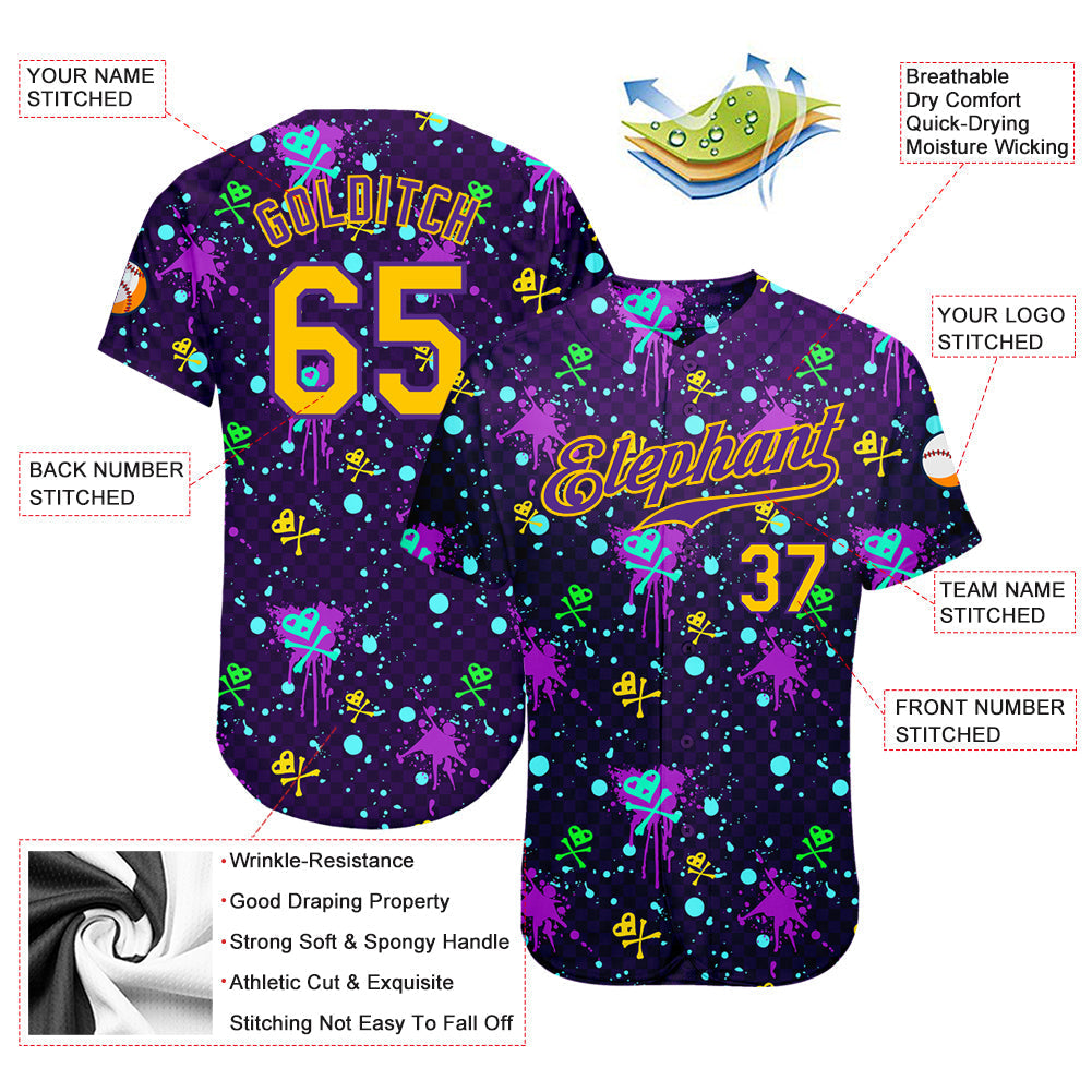 Custom Graffiti Pattern Gold-Purple 3D Clashing Colors Paint-Splatter Authentic Baseball Jersey baseball jersey product view 3