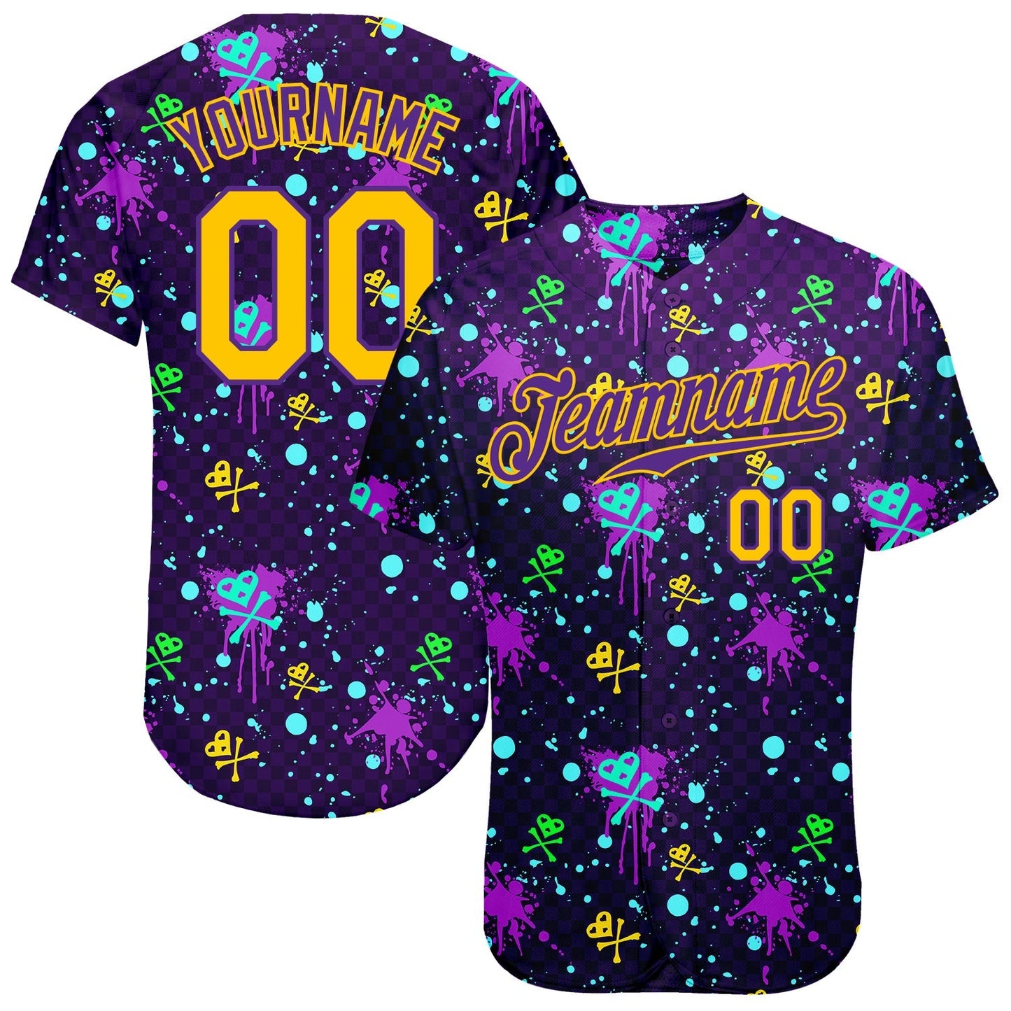 Custom Graffiti Pattern Gold-Purple 3D Clashing Colors Paint-Splatter Authentic Baseball Jersey baseball jersey product view 1