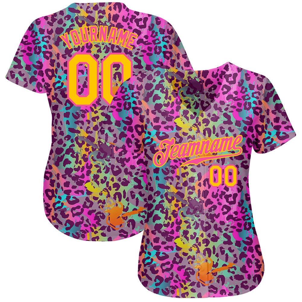 Custom Graffiti Pattern Gold-Pink 3D Colorful Leopard Authentic Baseball Jersey baseball jersey product view 2