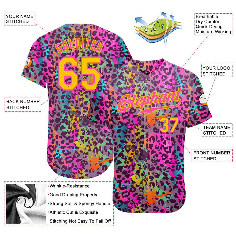 Custom Graffiti Pattern Gold-Pink 3D Colorful Leopard Authentic Baseball Jersey baseball jersey product view 3